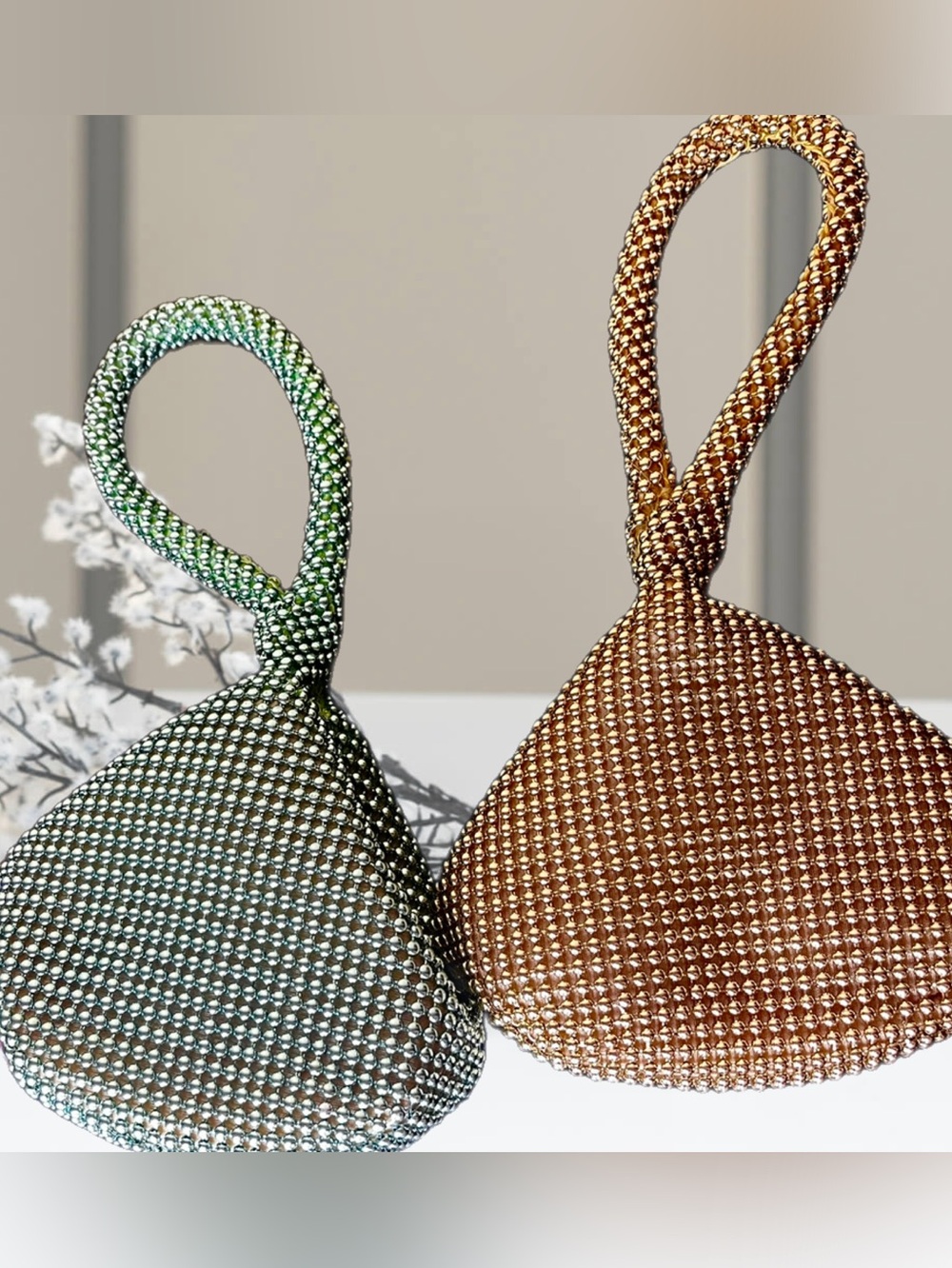 Vintage Green or Gold Metal Beaded Wristlet Bag Your Choice